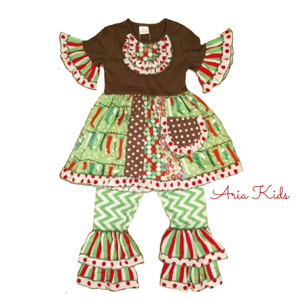 Girls Christmas Gingerbread Bell Sleeve Dress & Pants Set